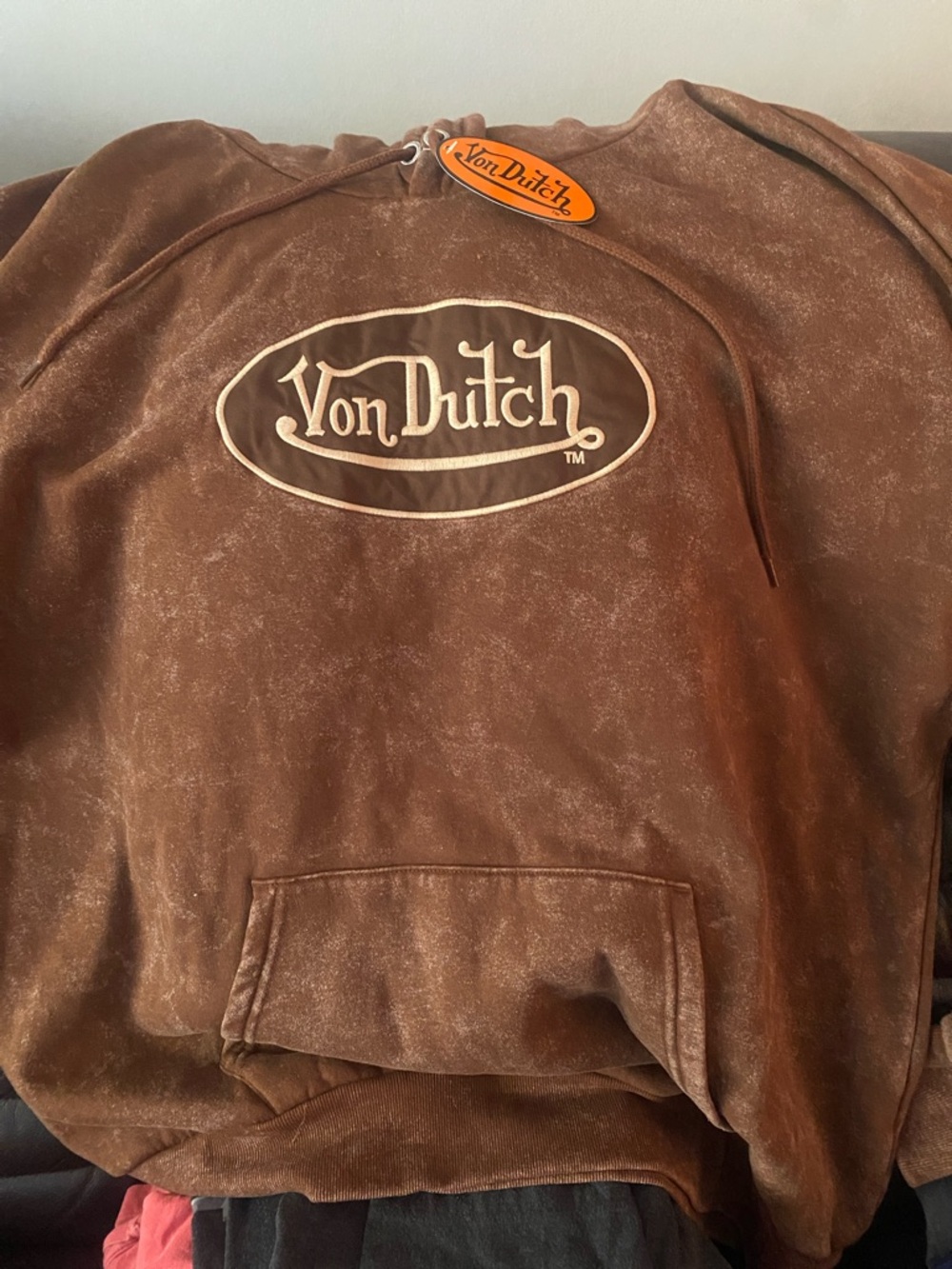 Von Dutch Distressed Brown Pullover Hoodie with Cream Logo